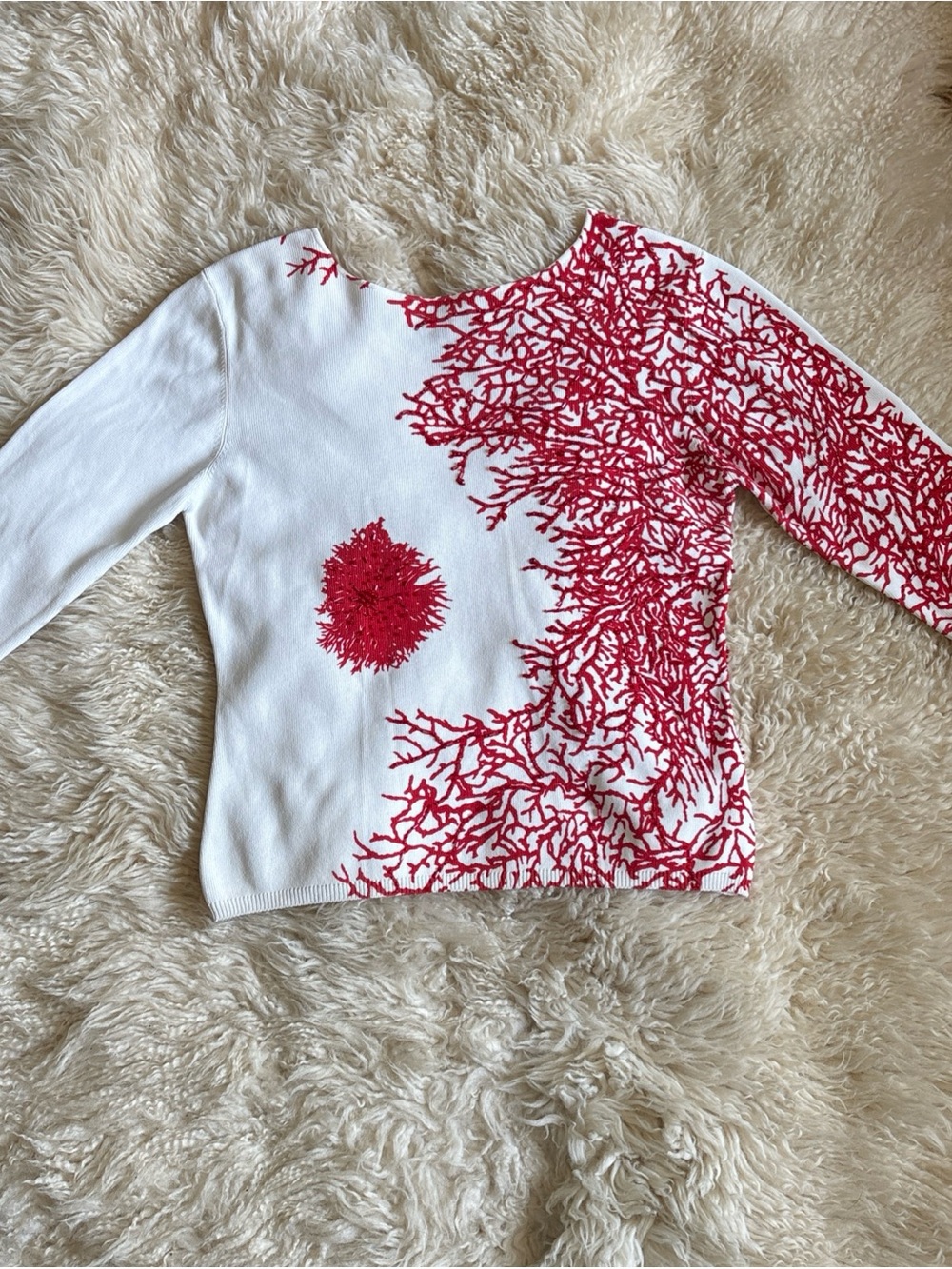 VTG Victor Costa Bead Embellished Coral Reef Sweater White Red ,L, Art to Wear